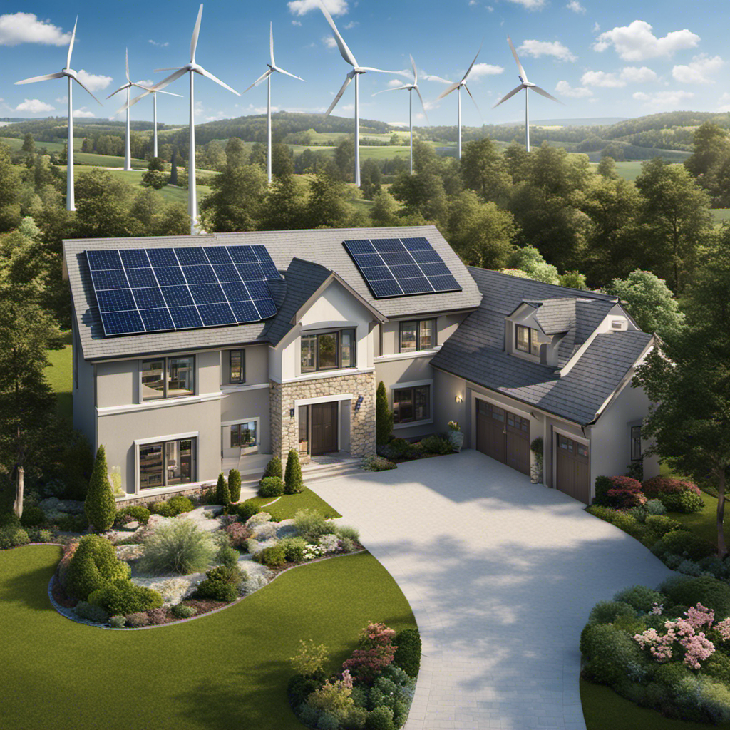 An image showcasing a suburban home with a sleek solar panel array glistening under the sun, while elegant wind turbines gracefully spin in the background against a clear blue sky