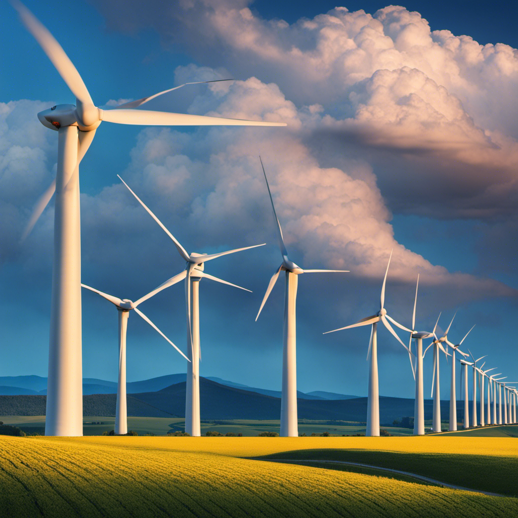 An image showcasing a modern wind farm with towering turbines gracefully spinning against a backdrop of blue skies, contrasting with a futuristic nuclear power plant emitting a soft glow, inviting readers to explore the cost, environmental impact, and safety aspects