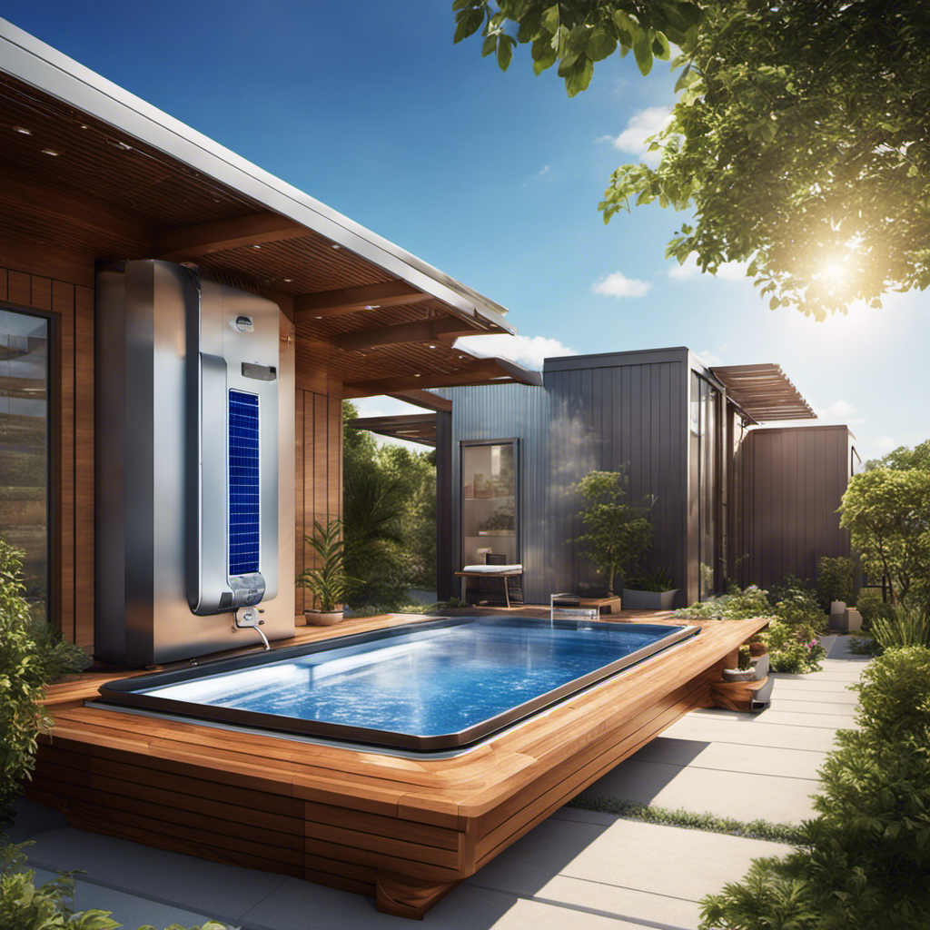 An image displaying a modern rooftop with a solar water heater system installed, capturing the clear blue sky, shimmering solar panels, and a family enjoying a warm outdoor shower, showcasing the cost-saving, reliable, and environmentally friendly benefits