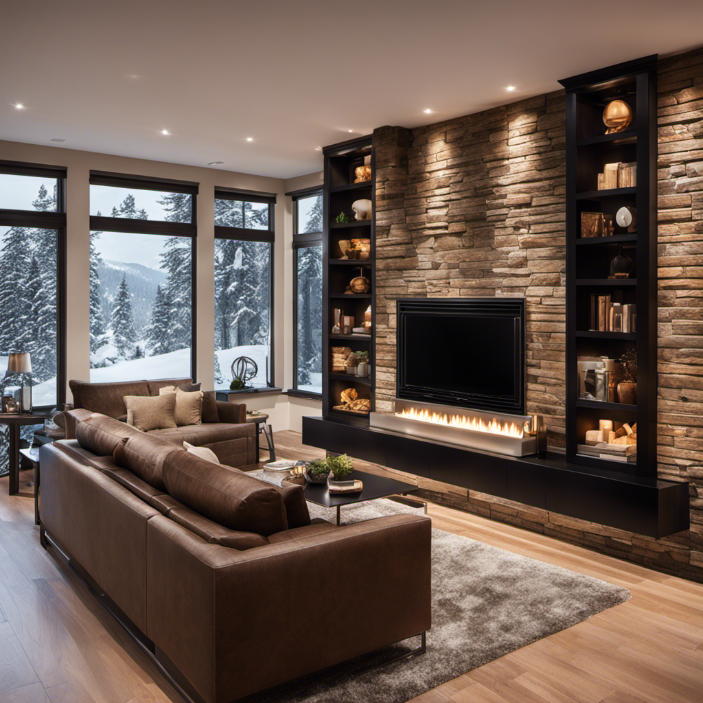 An image depicting a cozy living room with a variety of heating options: a traditional fireplace, modern radiators, a ductless heat pump, and a smart thermostat, displaying the comfort and versatility of different heating systems