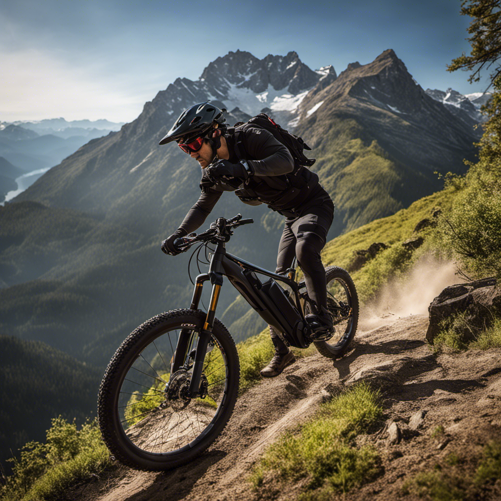 An image showcasing a person effortlessly conquering rugged mountain trails on an electric mountain bike, highlighting factors like suspension, power, battery life, and maneuverability in the design
