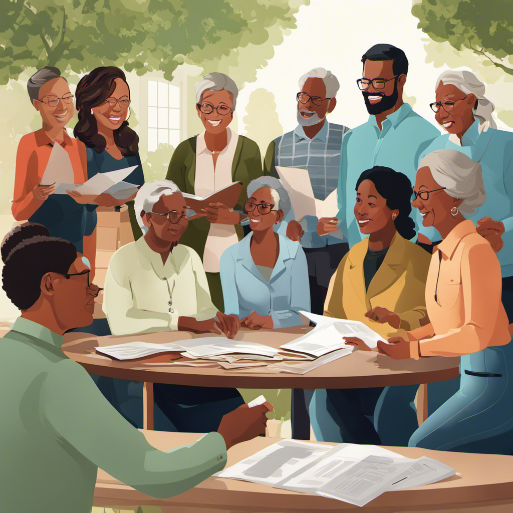 An image showcasing a diverse group of residents gathered around a table, engaged in a discussion about energy plans