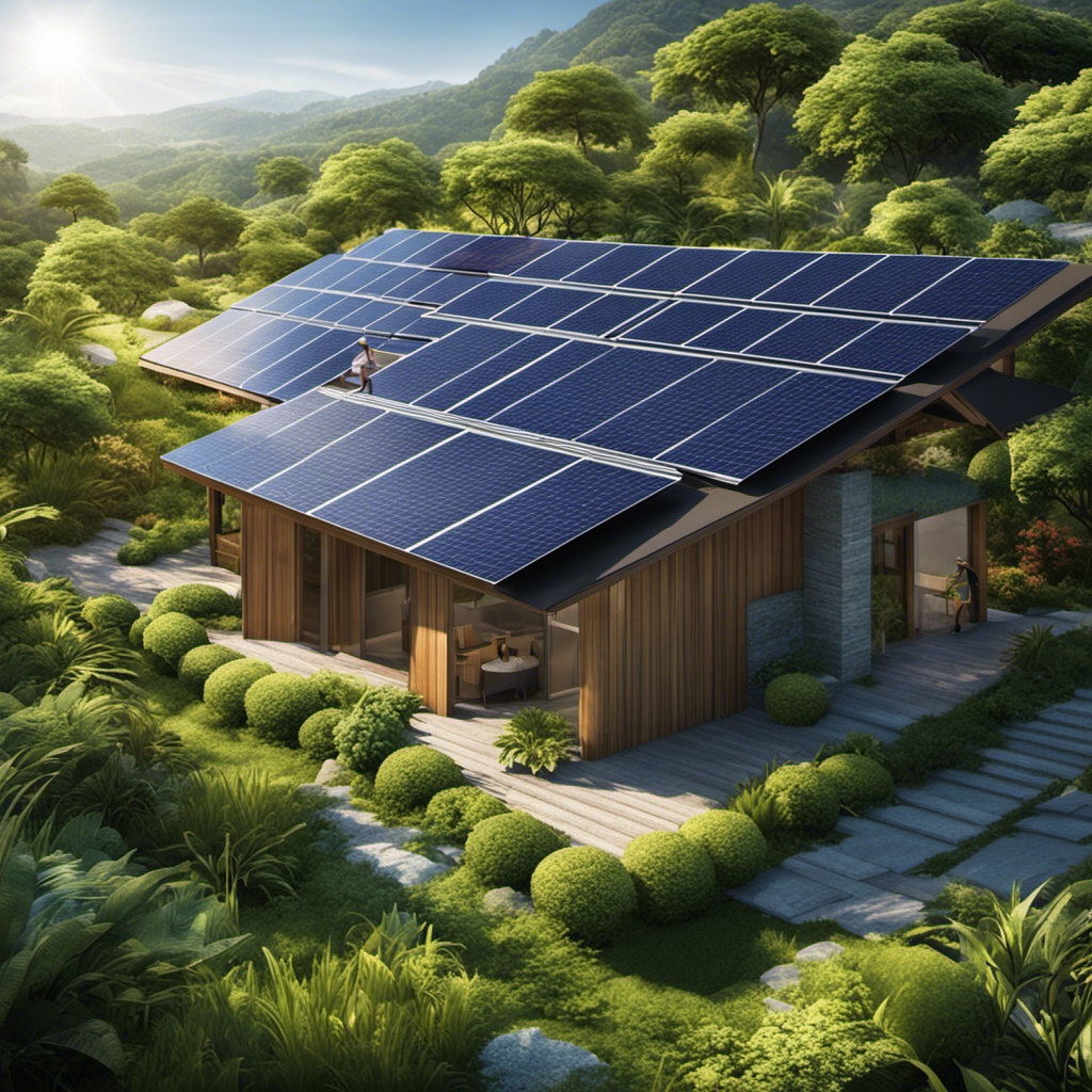 An image showcasing a lush green landscape with solar panels seamlessly integrated into the environment