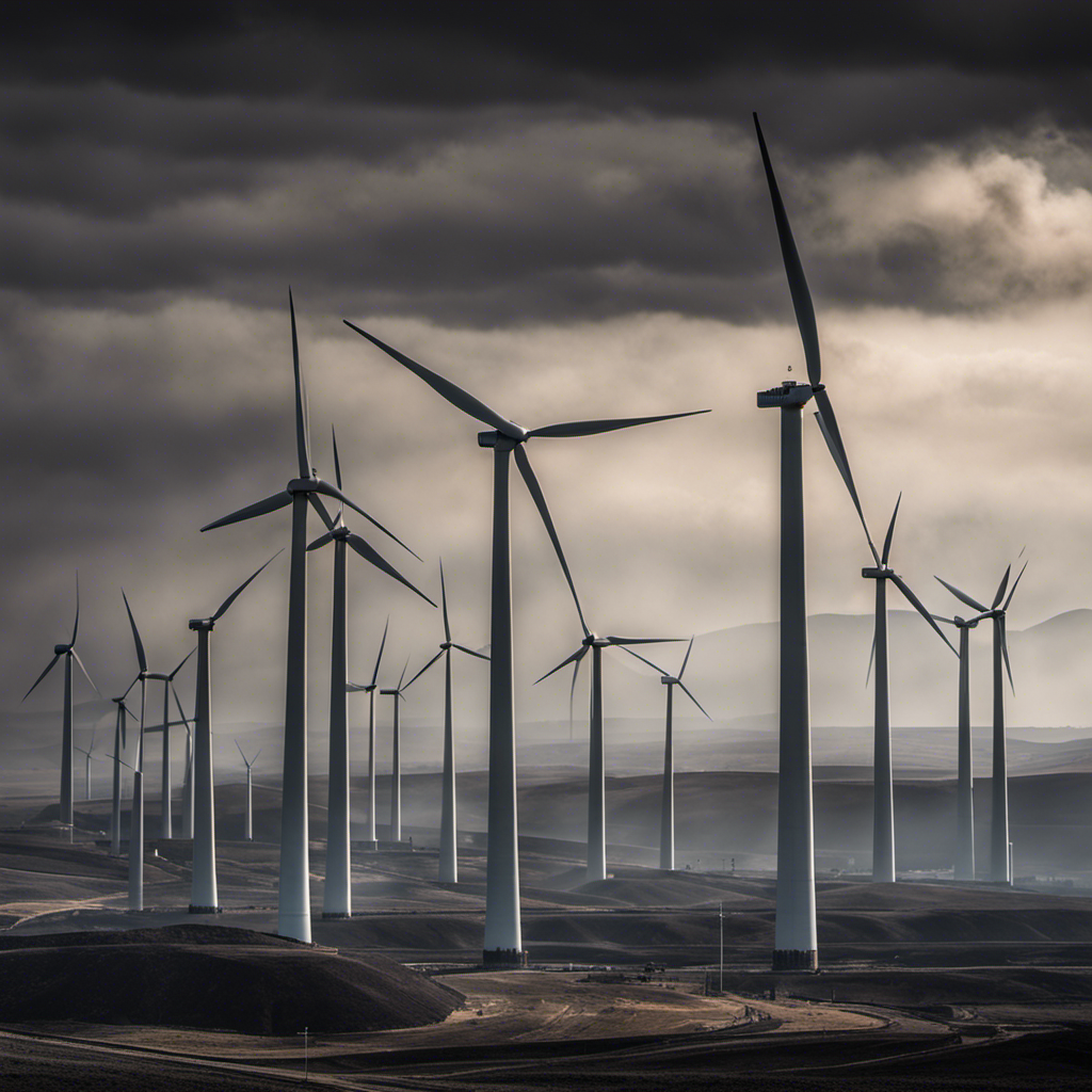 An image that contrasts wind power and coal, showcasing a vast wind farm with sleek turbines against a backdrop of smoky, outdated coal-fired power plants