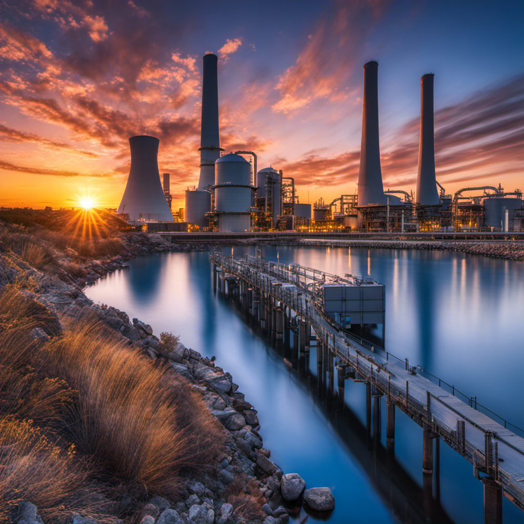 An image showcasing a state-of-the-art gas-fired power plant at sunset, with towering silver turbines reflecting the vibrant hues of the sky