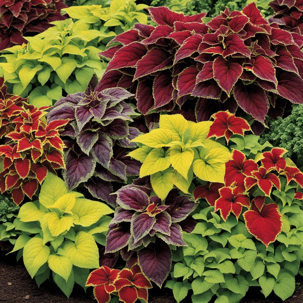 An image showcasing a vibrant, lush garden bed filled with a diverse array of Coleus varieties