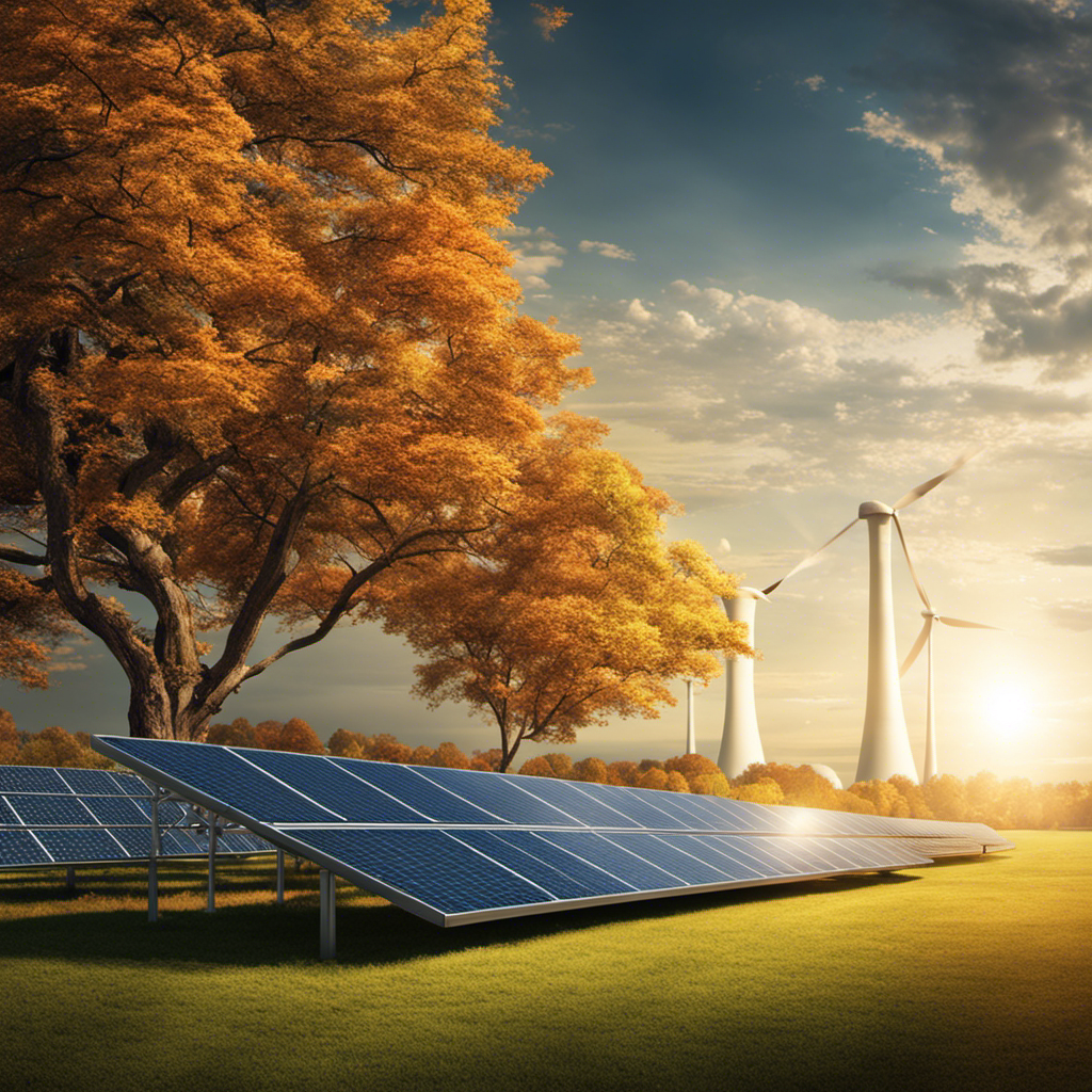 An image showcasing a sun-drenched landscape with solar panels elegantly integrated into the environment on one side, while on the other side, a cooling tower from a nuclear power plant looms in the background, symbolizing the contrasting options for clean energy