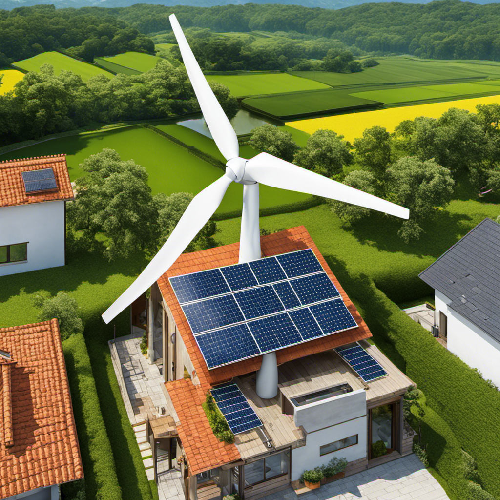 An image showcasing a sunny rooftop with solar panels and a wind turbine in a picturesque countryside setting