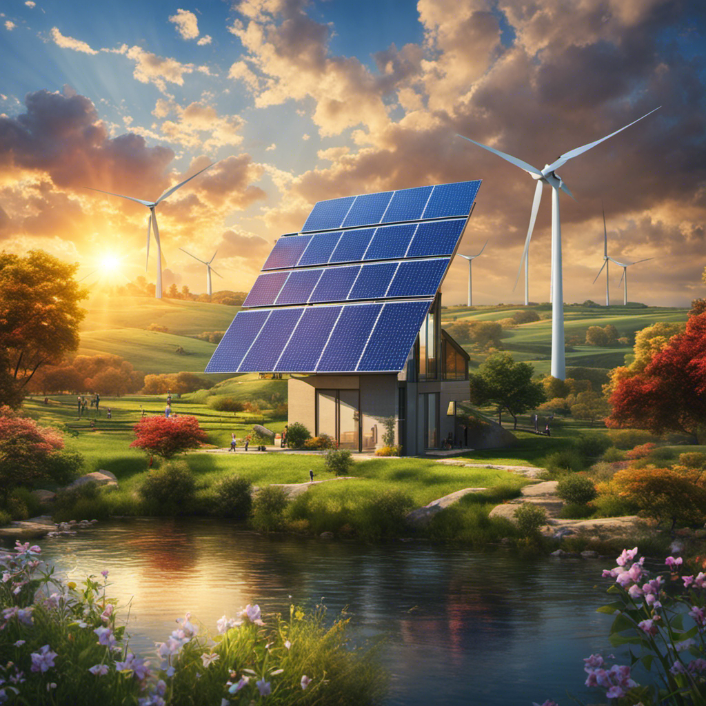 An image showcasing a serene landscape with a vibrant array of solar panels glistening under the sun's rays, juxtaposed with a majestic wind turbine dominating the skyline