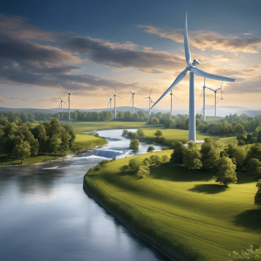 An image that showcases a vast landscape with a majestic wind turbine spinning gracefully amidst a gentle breeze, while a sleek water turbine harnesses the power of a flowing river nearby, symbolizing the limitless potential of renewable energy