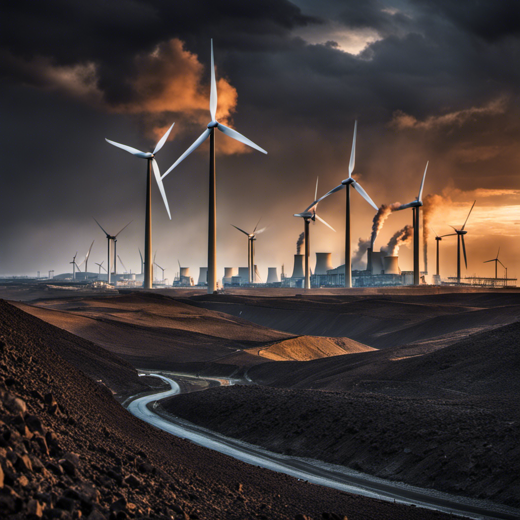 An image showcasing a vibrant wind farm against a backdrop of a coal power plant emitting dark smoke, symbolizing the stark contrast between the clean, renewable energy of wind power and the polluting, non-renewable nature of coal