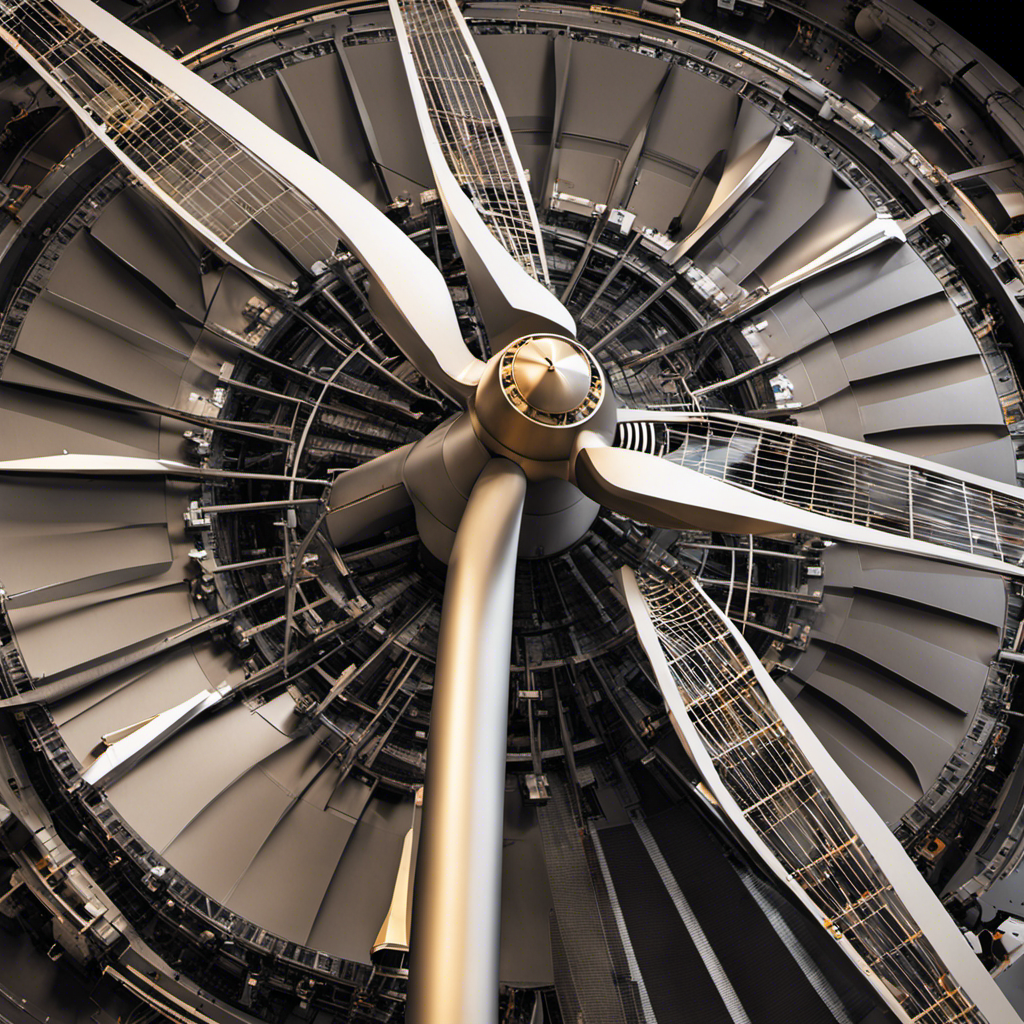 An image showcasing the intricate design of a wind turbine, highlighting its key components such as the rotor, blade, tower, nacelle, generator, gearbox, and control panel
