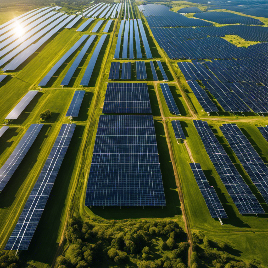 An image showcasing a sprawling solar farm, with rows of meticulously aligned solar panels glistening under the sun