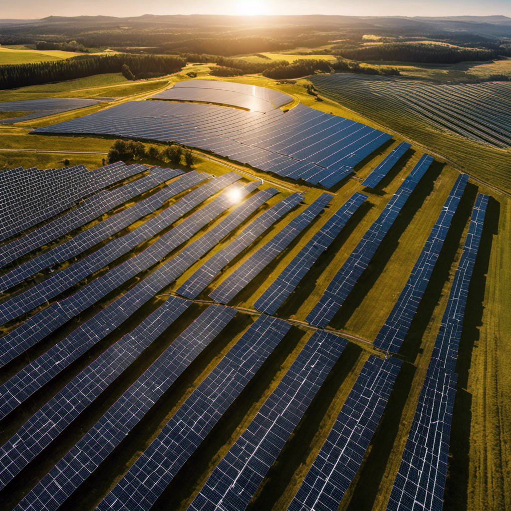 An image showcasing a vast solar farm, with rows of meticulously aligned solar panels glistening under the sun, accentuated by cutting-edge technology and advanced monitoring systems