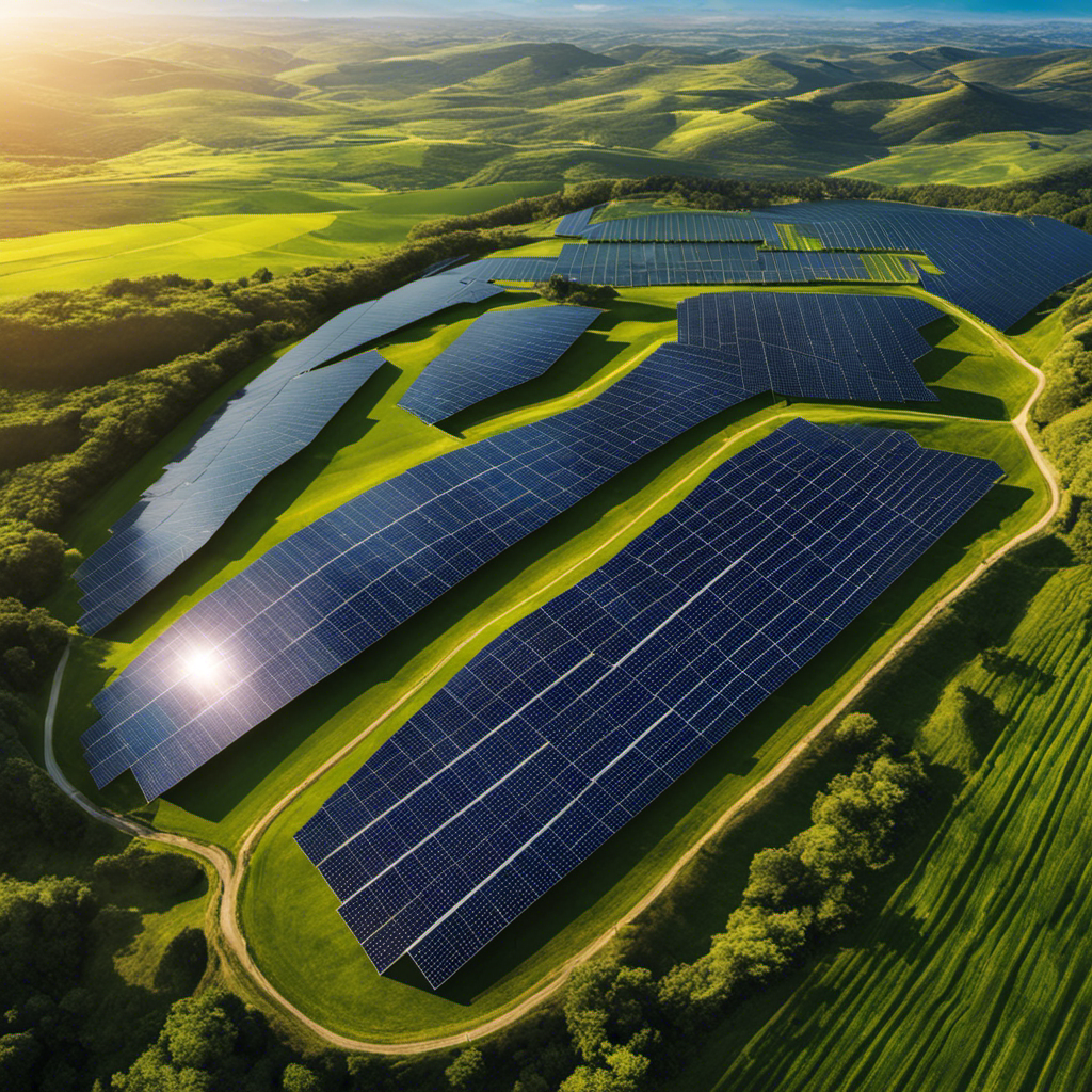An image showcasing a vast expanse of solar panels stretching across rolling green hills, reflecting the vibrant sunlight