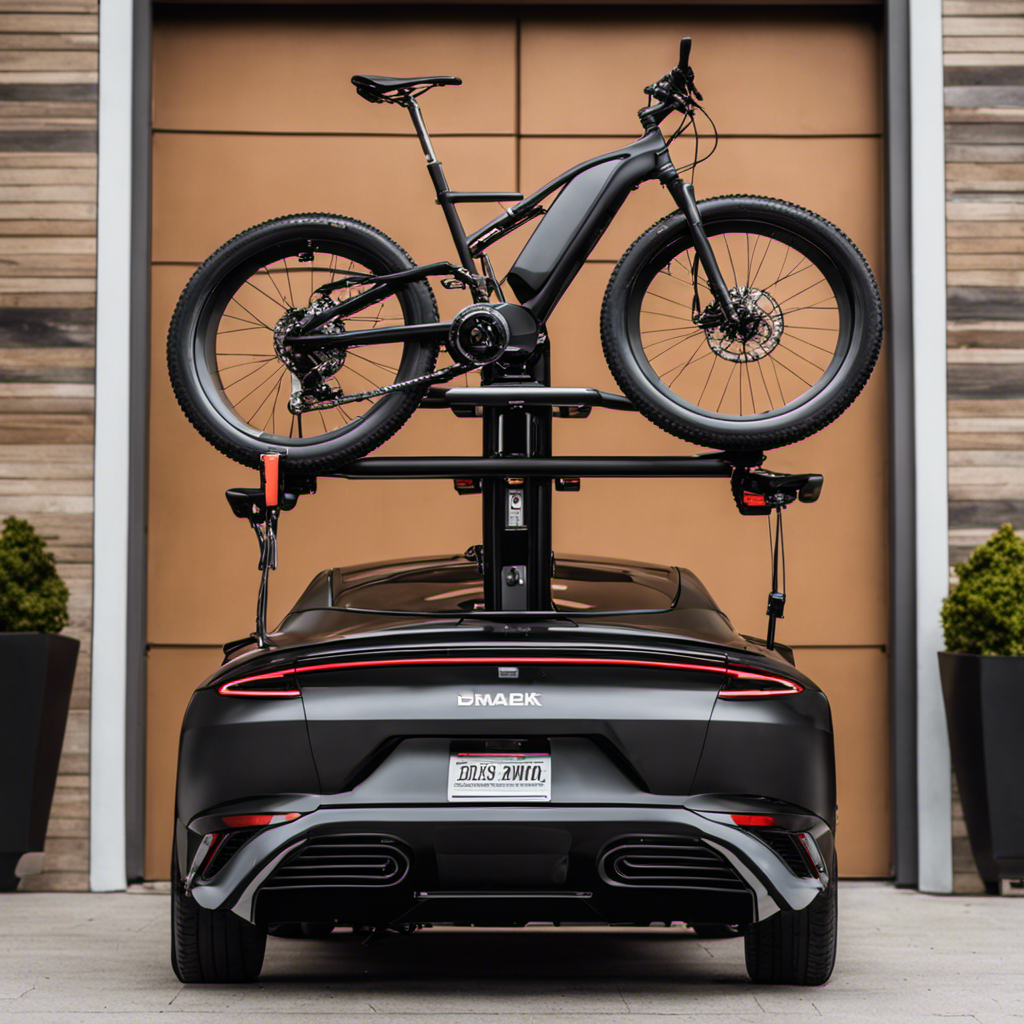 An image showcasing a sleek, modern electric bike hitch rack effortlessly holding multiple bikes securely in place