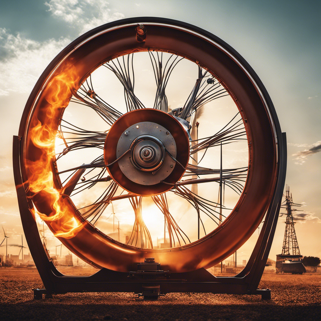 An image showcasing a spinning bicycle wheel connected to a heating coil, with vibrant heat waves emanating from the coil