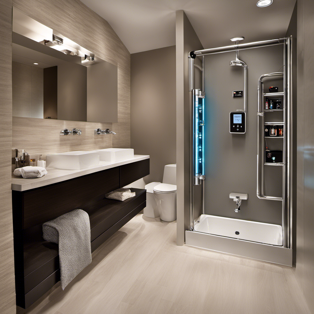 An image of a modern bathroom with a tankless water heater installed on the wall, surrounded by sleek plumbing pipes and valves