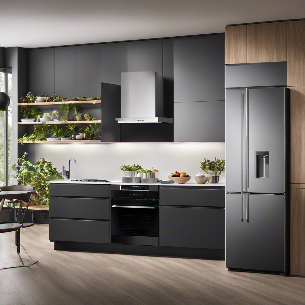 An image showcasing a modern, eco-friendly kitchen with a sleek, energy-efficient freezer