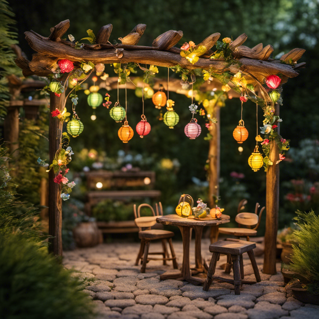 An image showcasing a whimsical outdoor setting adorned with solar-powered decorations