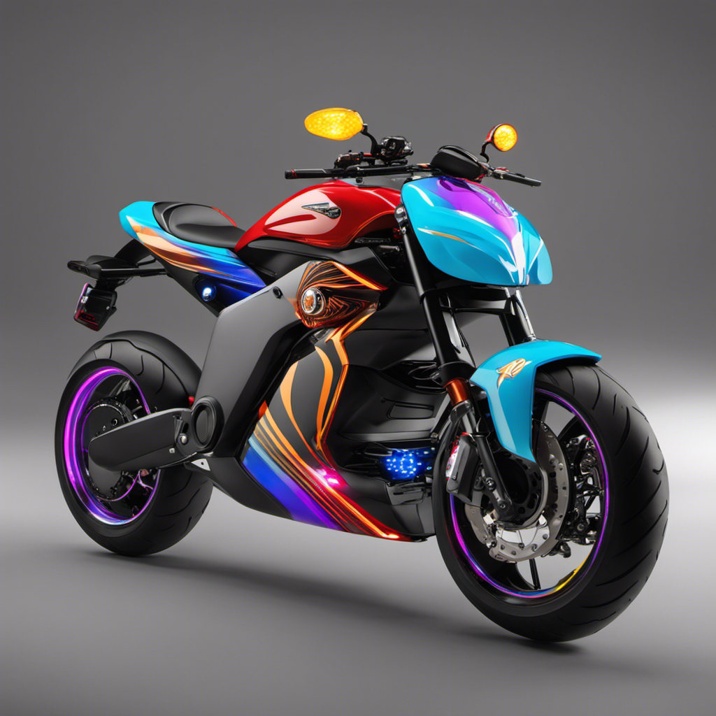 An image of a sleek electric motorcycle adorned with vibrant, custom paint job