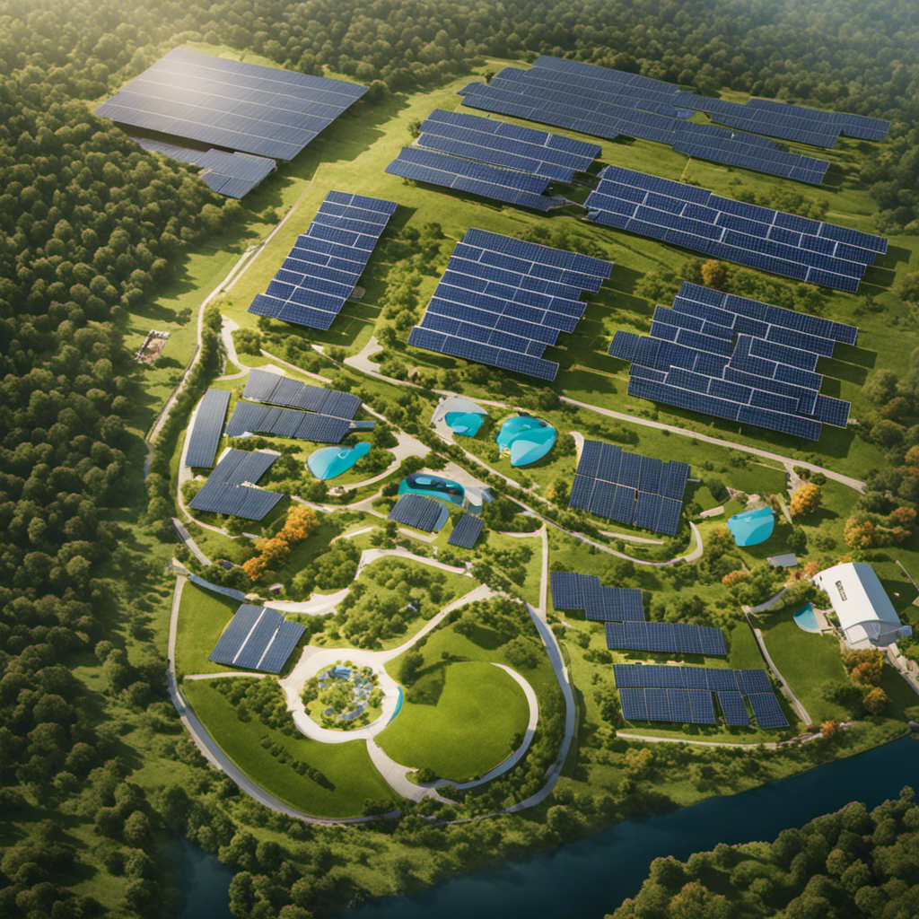 An image showcasing a vibrant solar farm nestled within a picturesque community, with smiling residents engaging in educational workshops, community events, and renewable energy initiatives, fostering a harmonious and sustainable coexistence