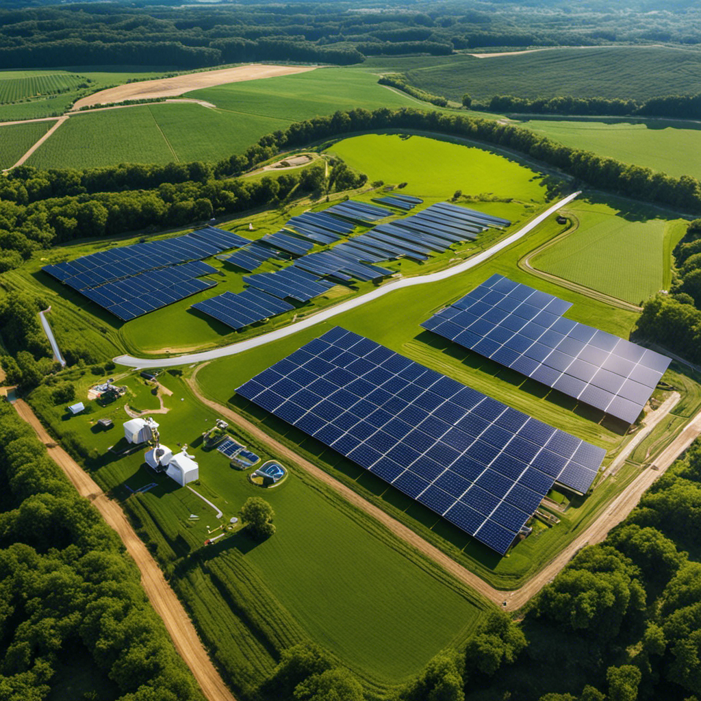 An image showcasing a solar farm nestled amidst lush green fields, with workers in vibrant safety gear installing solar panels, while nearby, a community center and playground thrive with renewable energy