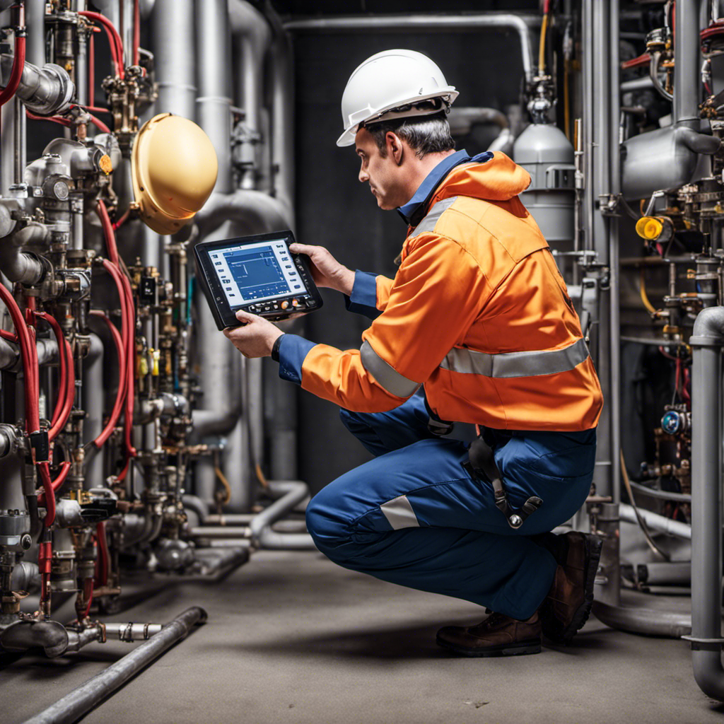 An image that depicts a technician equipped with a gas detector, meticulously inspecting pipes and valves in a residential basement, ensuring a safe environment through careful gas leak detection and prompt reporting