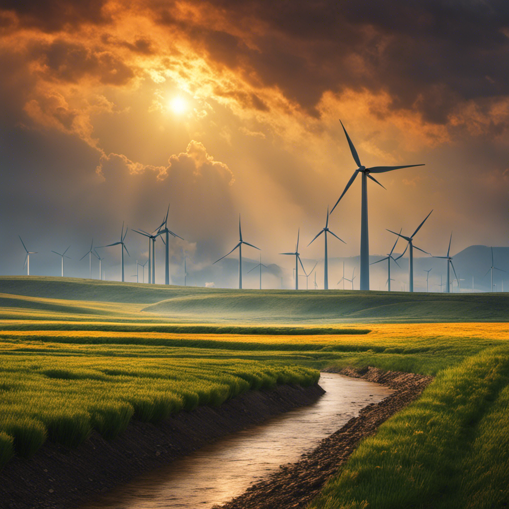 An image that portrays a sun-drenched landscape, with wind turbines gracefully spinning in the distance and a coal power plant emitting smoke into a polluted sky