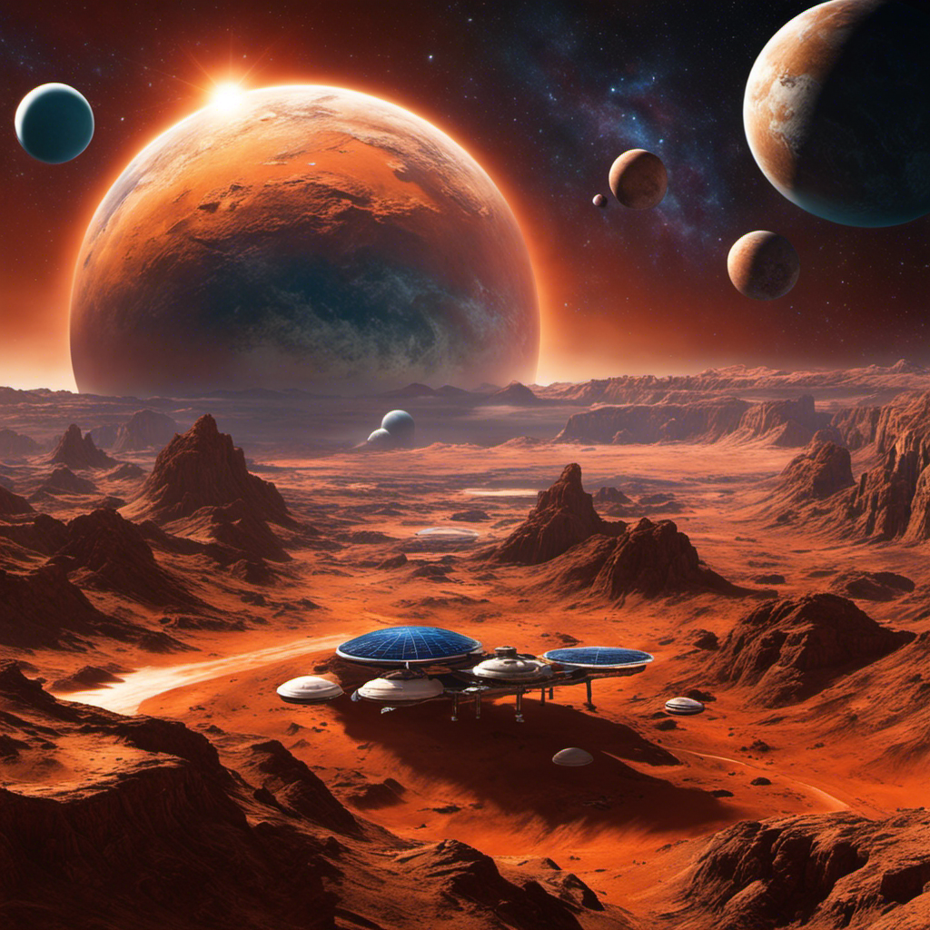 An image featuring a vibrant, awe-inspiring celestial landscape depicting a futuristic space station orbiting a terraformed Mars, with sleek spaceships navigating between planets, showcasing the limitless possibilities of our solar system's future