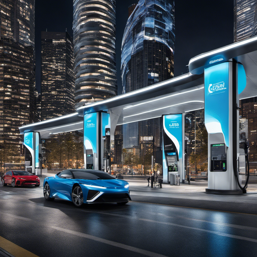 An image showcasing a modern Canadian cityscape with sleek, futuristic hydrogen fuel stations seamlessly integrated into the infrastructure
