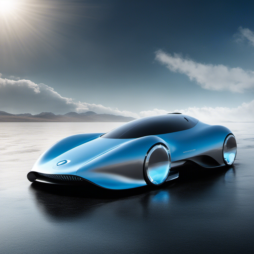 An image showcasing a futuristic car emitting water vapor as it zooms past, highlighting the potential of hydrogen fuel