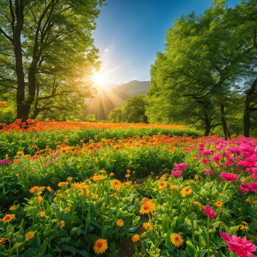 An image showcasing a vibrant landscape with blooming flowers, lush green trees, and clear blue skies, emphasizing a bright sun in its zenith