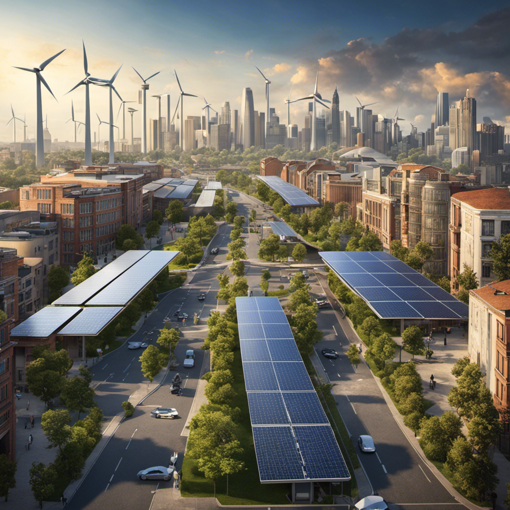 An image that showcases a city skyline, with solar panels on every rooftop, wind turbines in the distance, and electric vehicles driving on the streets