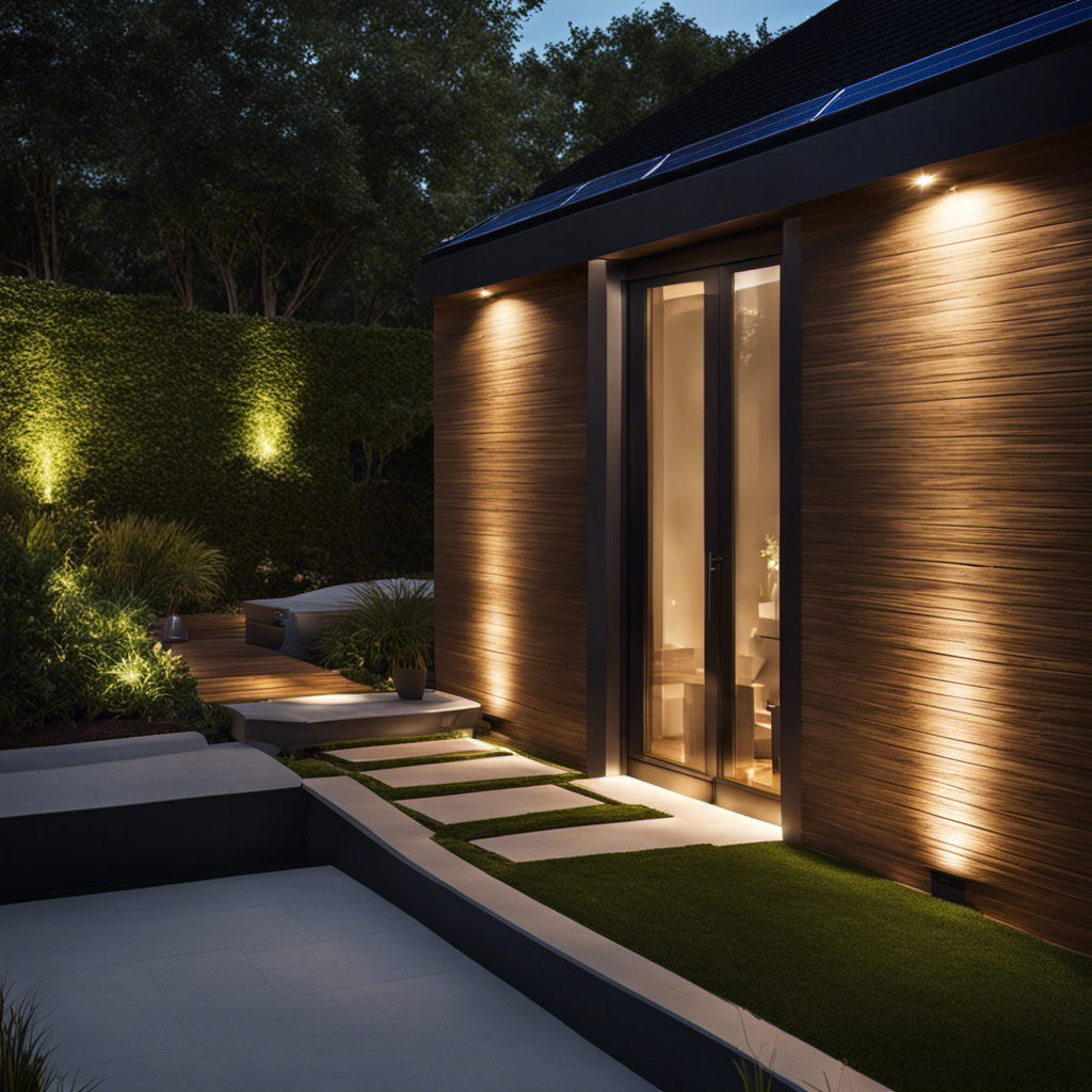 An image showcasing a sleek, modern outdoor space illuminated by chic solar wall lights