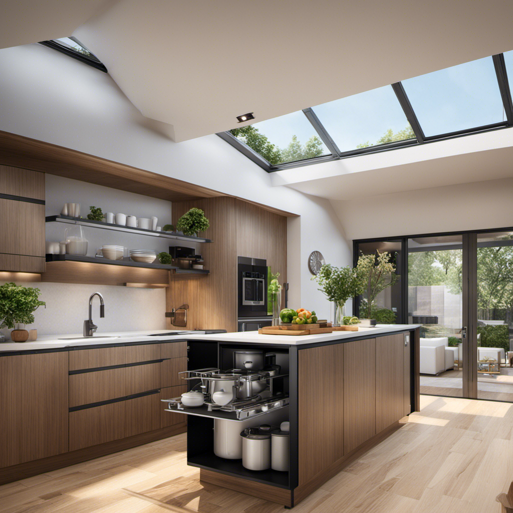 An image showcasing a modern kitchen with sleek, energy-efficient appliances like a refrigerator, dishwasher, and stove, all powered by solar panels on the roof, emphasizing the reduction of household energy usage