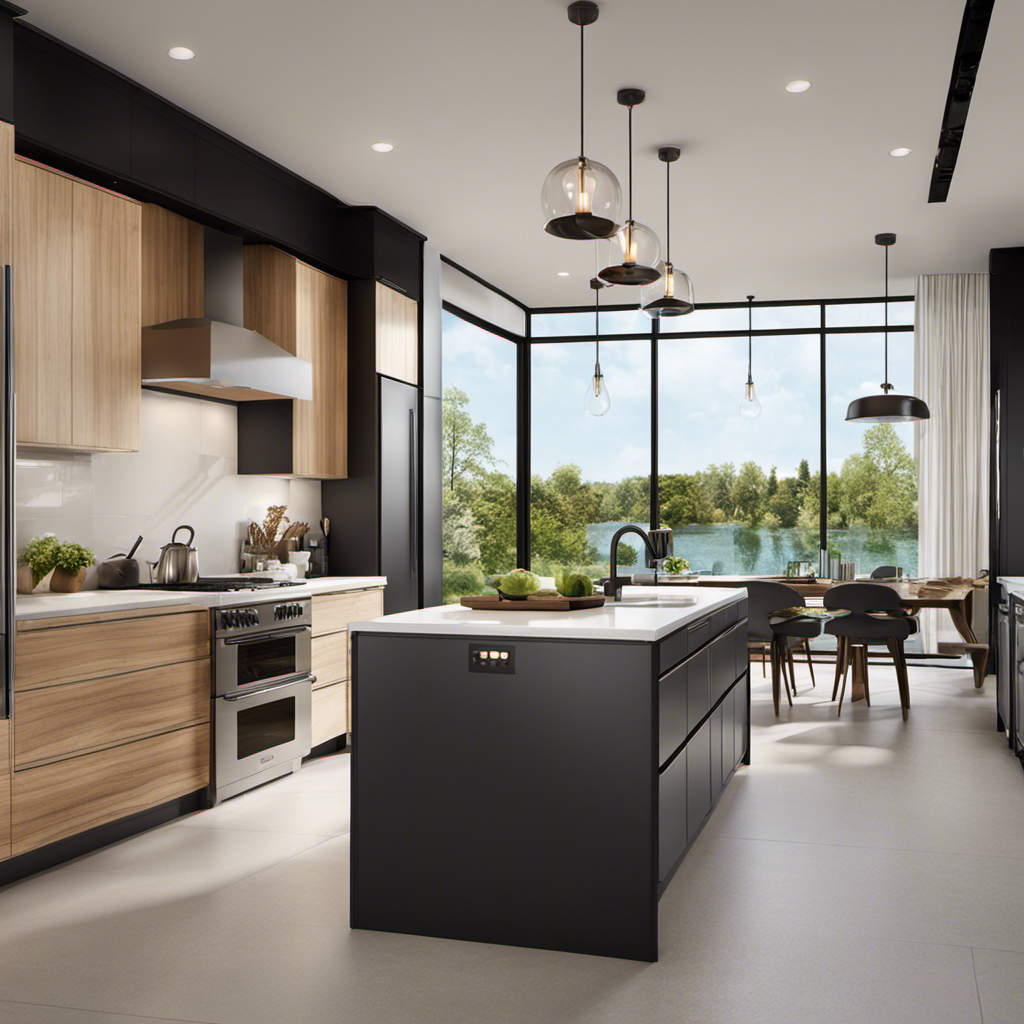 An image showcasing a modern kitchen with energy-efficient appliances, double-pane windows allowing natural light, smart thermostat controlling temperature, and solar panels on the roof, emphasizing the importance of efficient home upgrades