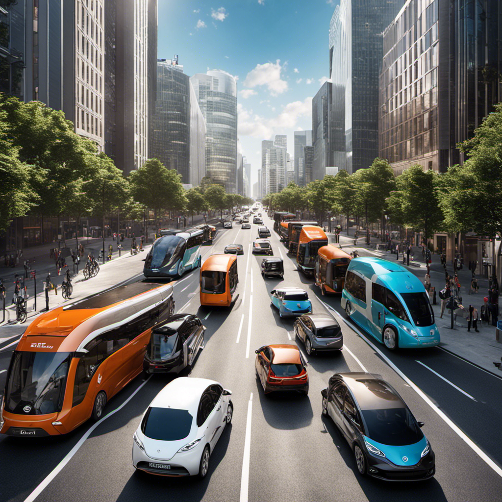 An image showcasing a bustling city street, with a diverse range of electric vehicles zipping through the traffic