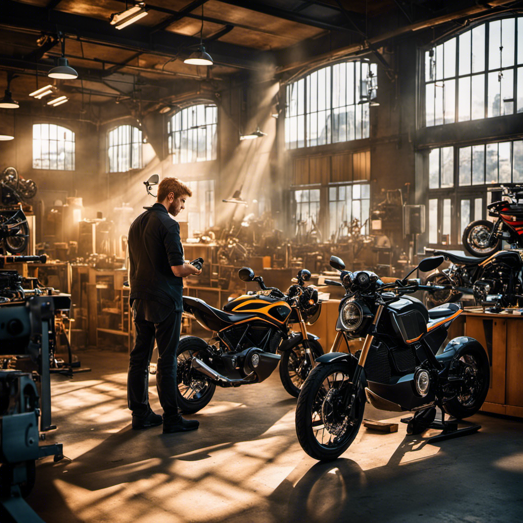 Create an image capturing an apprentice in a vibrant workshop, surrounded by sleek electric motorbikes in various stages of assembly