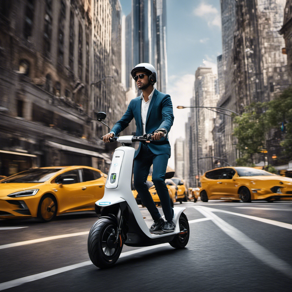 An image capturing the bustling streets of a modern city, with a diverse group of people effortlessly zipping through traffic on sleek, eco-friendly electric scooters, showcasing the future of urban commuting