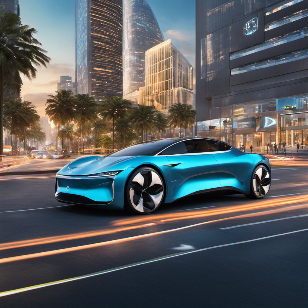 An image showcasing a bustling cityscape in the near future, where sleek electric vehicles seamlessly glide along vibrant streets