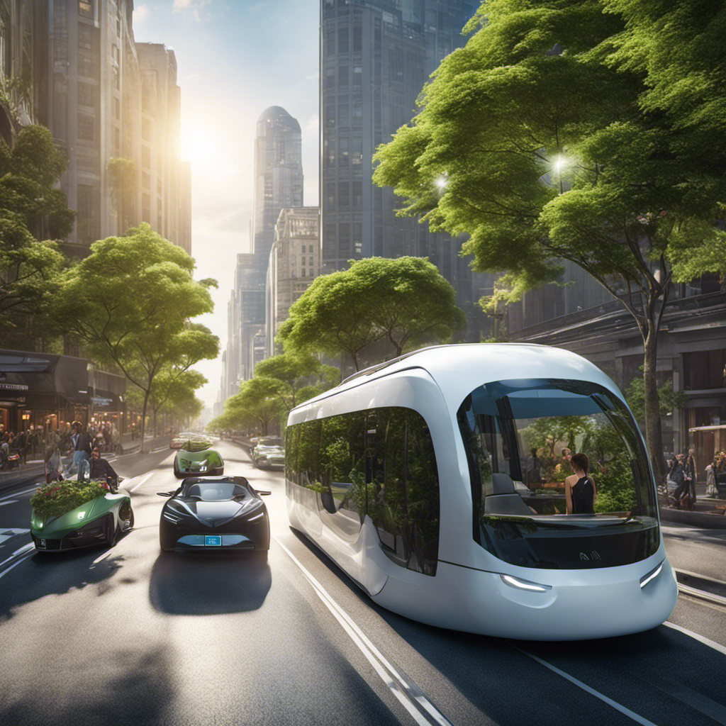 An image showcasing a bustling city street, with sleek electric vehicles effortlessly gliding past, surrounded by lush greenery and clean air