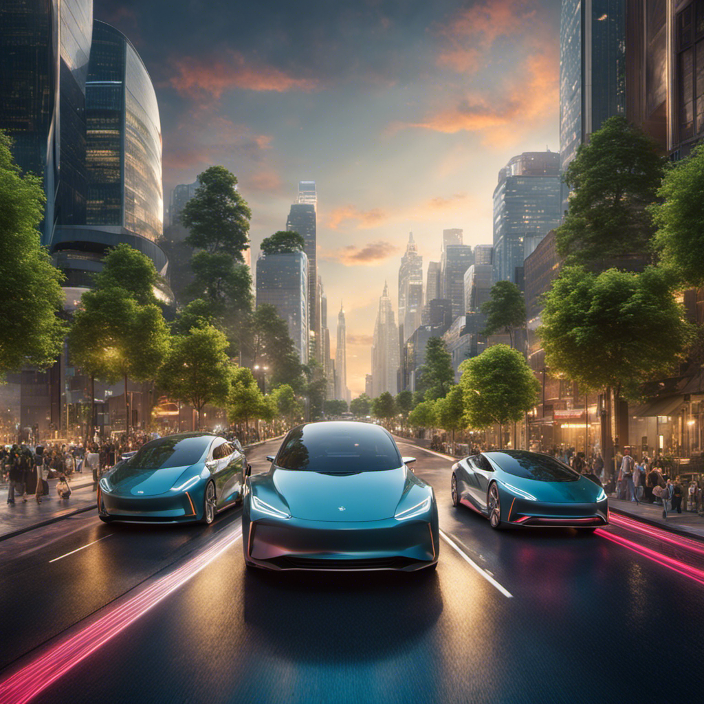 An image featuring a bustling city street, filled with sleek, noiseless electric vehicles gliding along, emitting zero emissions