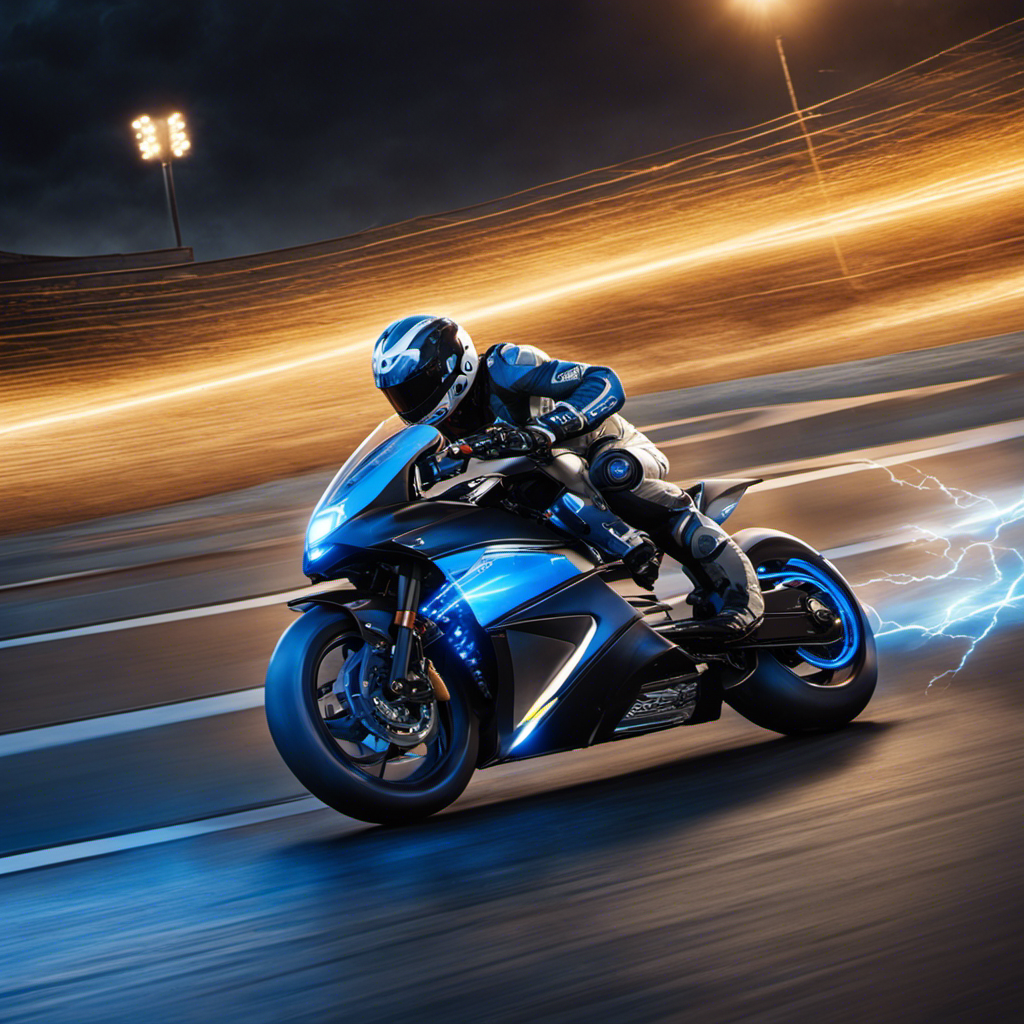 An image capturing the heart-pounding excitement of electric motorcycle racing: a sleek, aerodynamic bike leaning into a sharp turn, lightning-like sparks flying from its tires, as a trail of blue electric energy illuminates the track