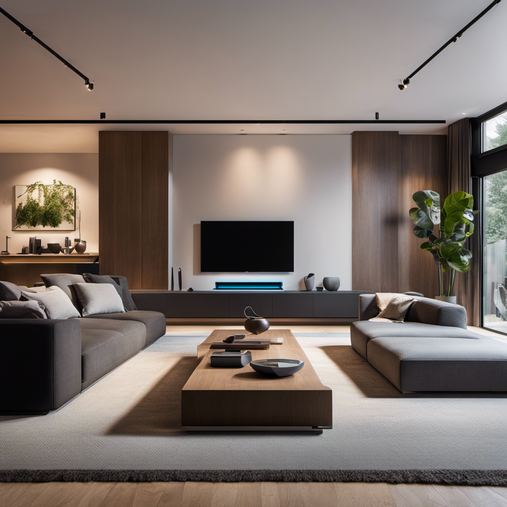 An image of a modern living room, filled with seamlessly connected devices like smart lights, thermostats, and voice assistants