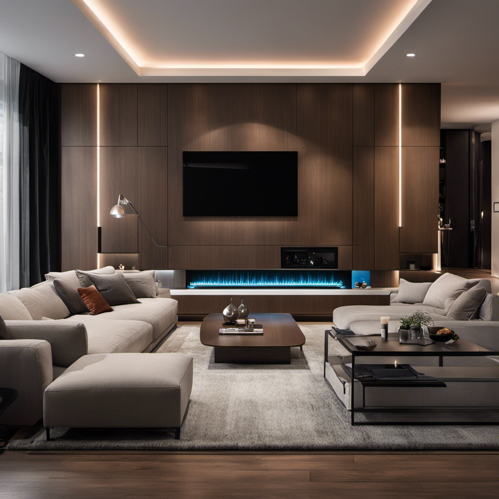 An image of a modern living room with a central smart hub seamlessly controlling various devices like lights, thermostat, and security system, showcasing the convenience and power of home automation