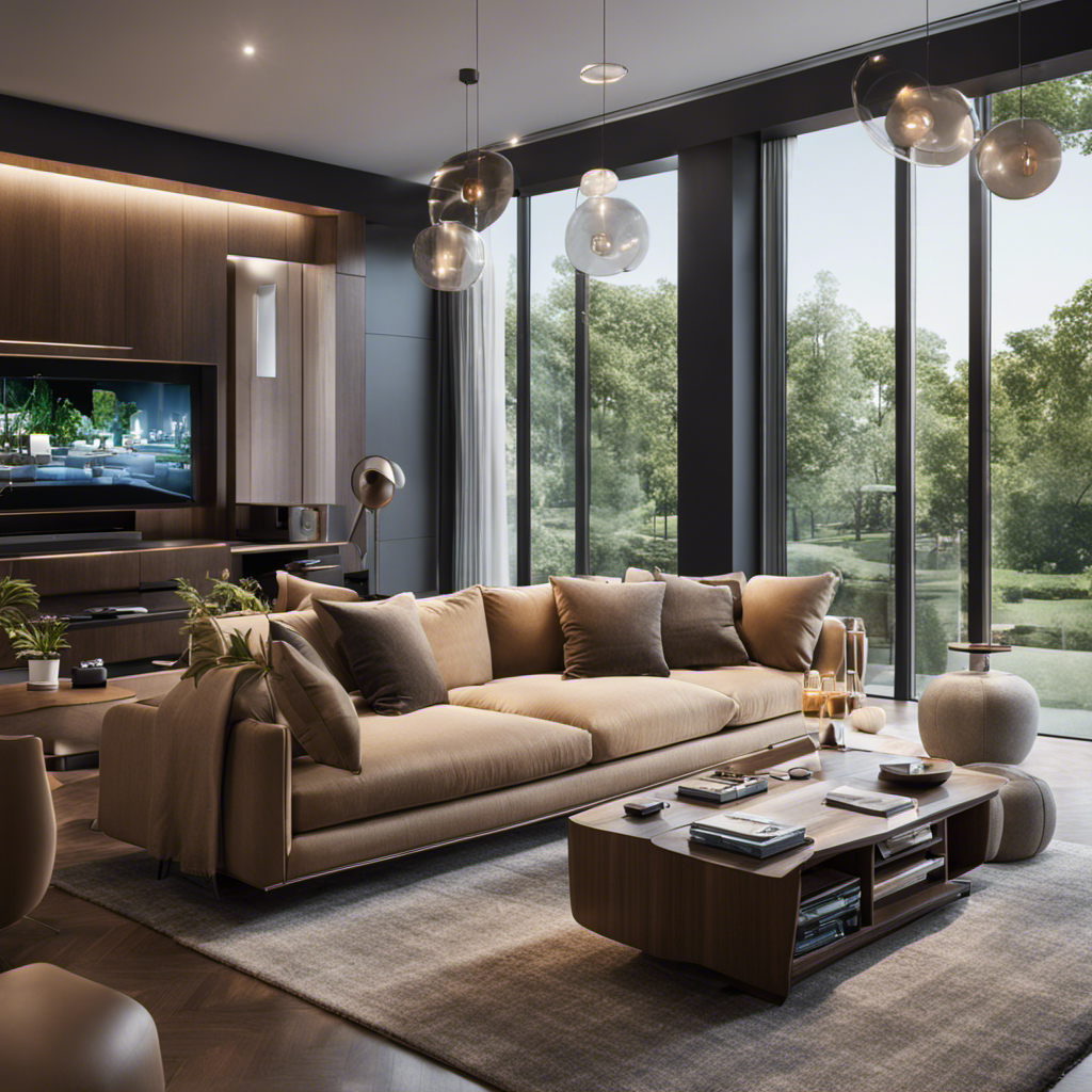 An image depicting a modern living room with a variety of smart home devices seamlessly integrated, such as a voice-controlled assistant, smart lighting, thermostat, security system, and entertainment center