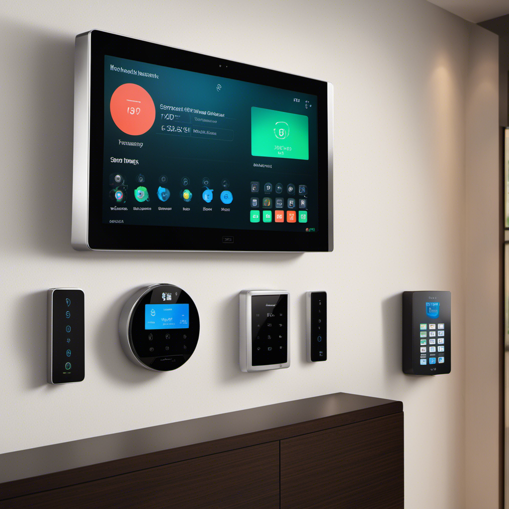 An image that showcases a modern smart home security system, with a sleek touchscreen control panel mounted on a wall, surrounded by various smart devices like cameras, motion sensors, and smart locks, all working together seamlessly to enhance home security