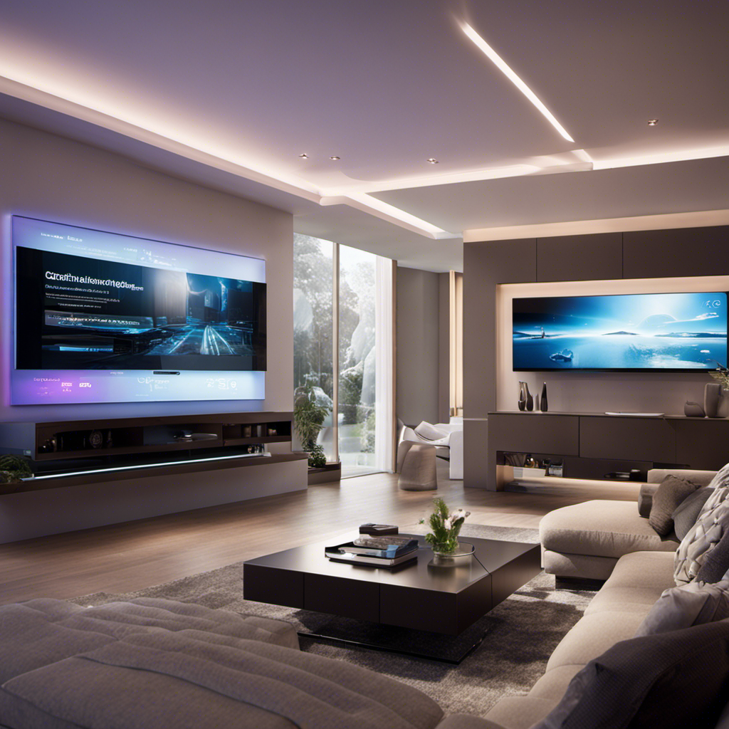 An image showcasing a futuristic living room, bathed in soft ambient lighting, where smart devices seamlessly interact with each other