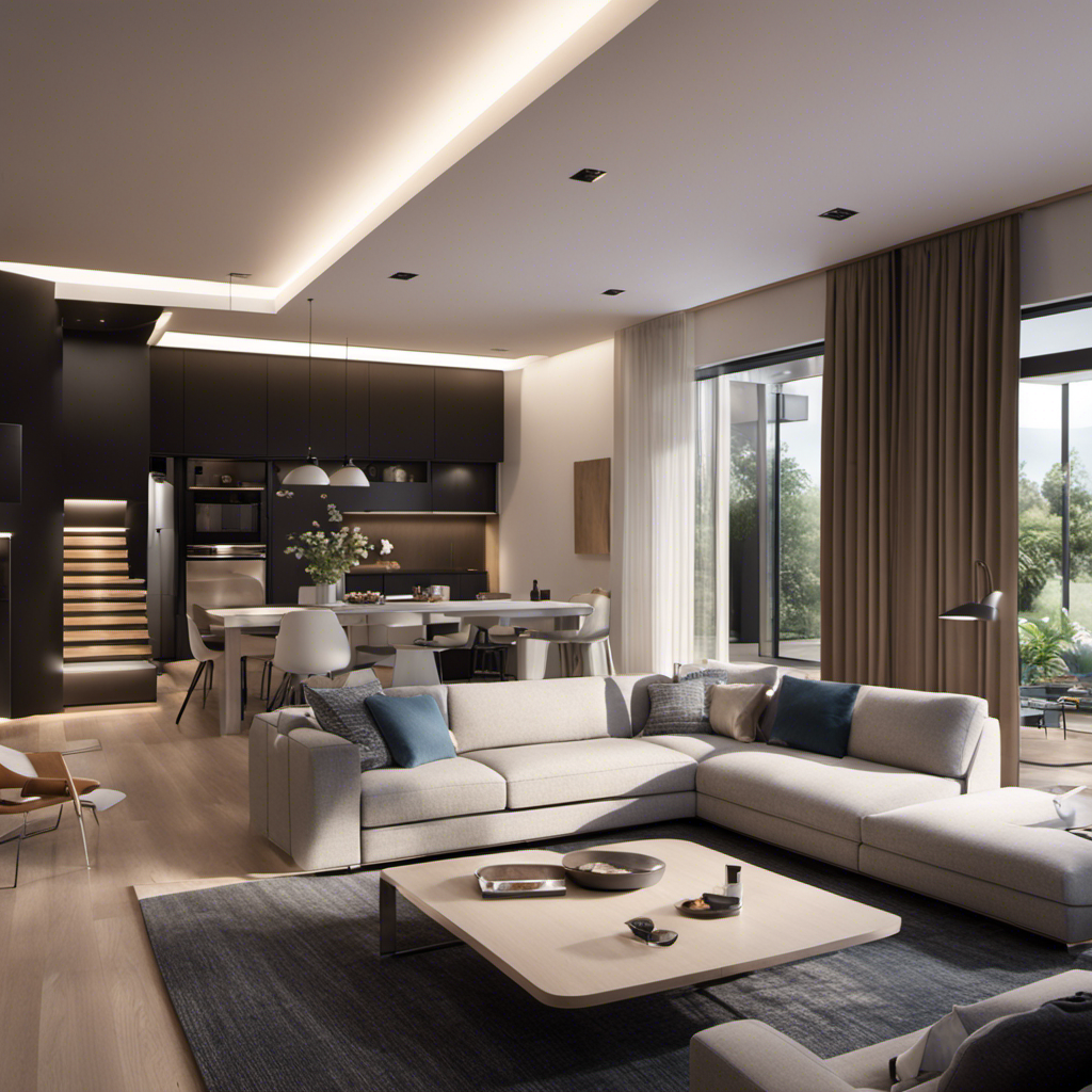 An image showcasing a modern living room with voice-activated lights illuminating the space, a wall-mounted smart thermostat regulating temperature, and a robotic vacuum autonomously gliding across the floor